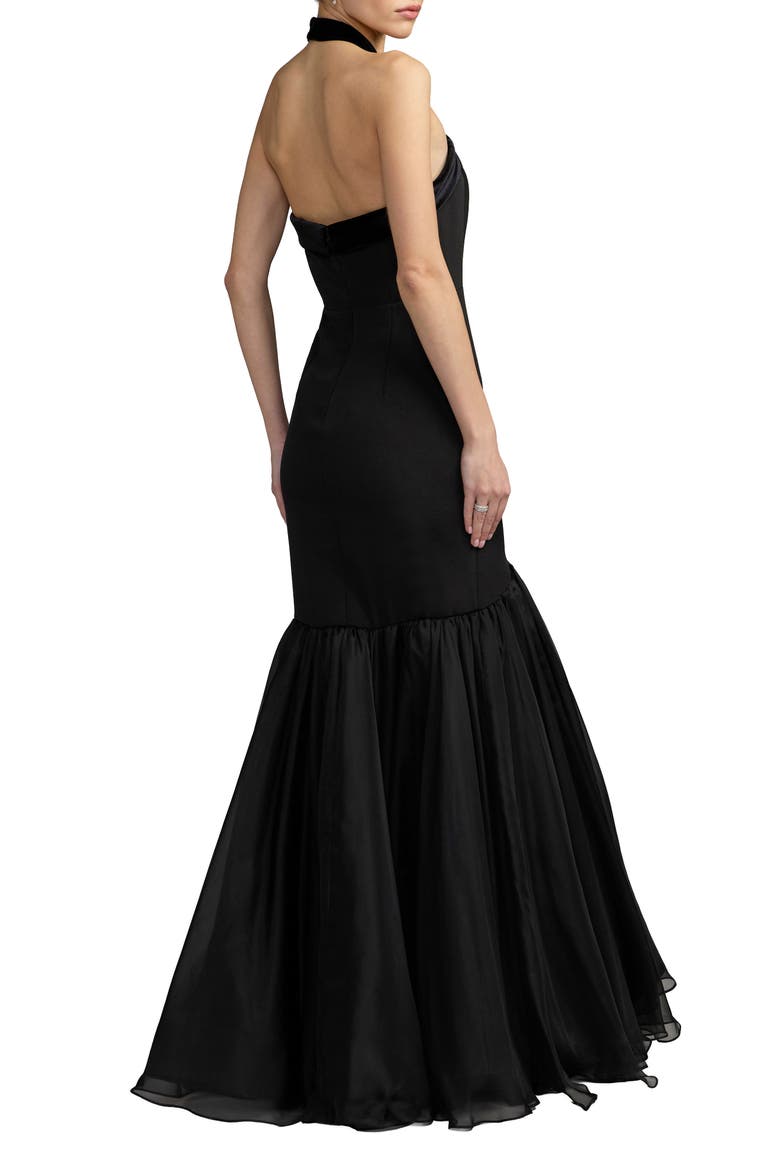Halter Neck Mermaid Gown with Bow Detail, Alternate, color, Black