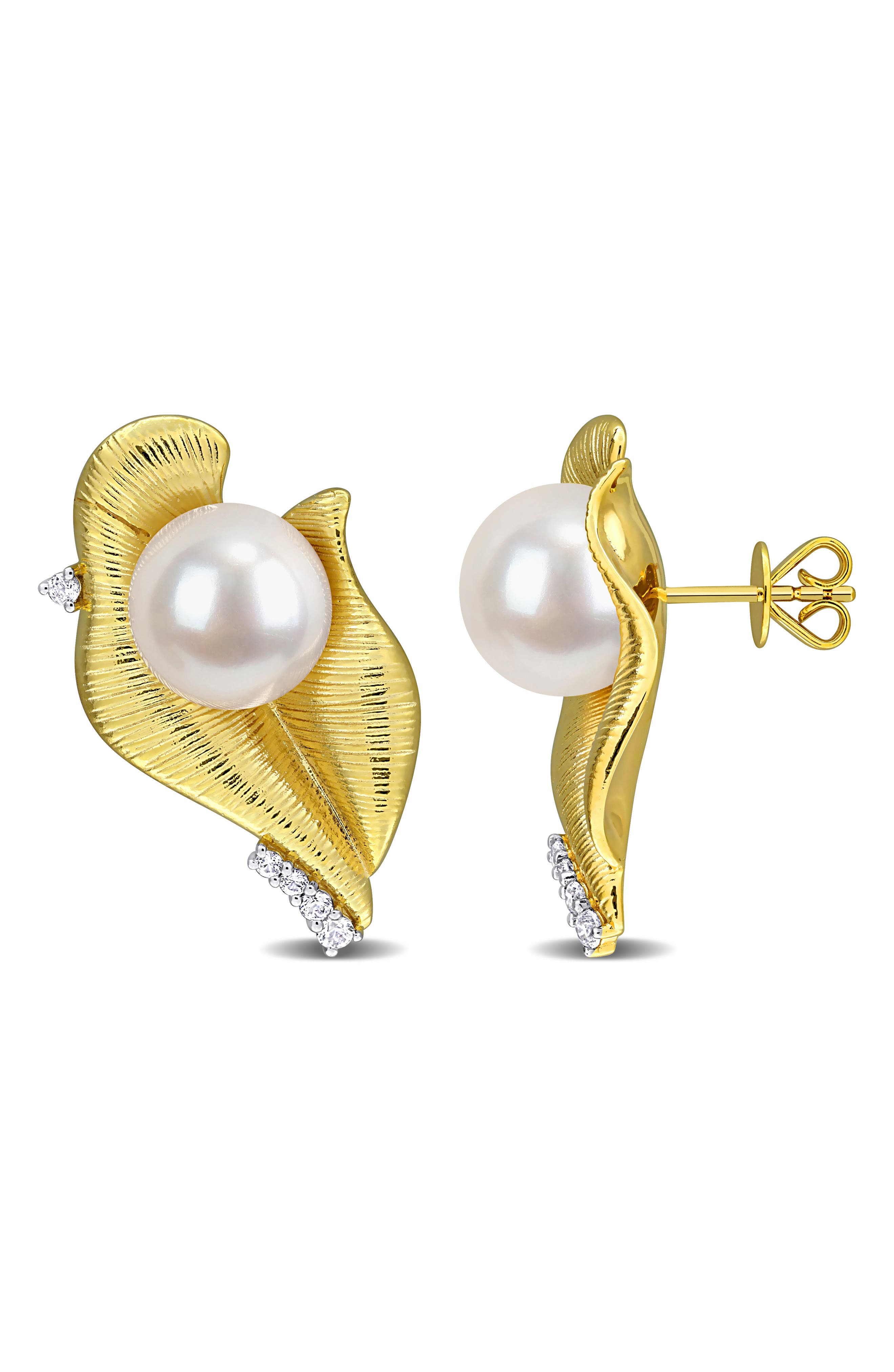 Sterling Silver Lab Created White Sapphire & Pearl Leaf Stud Earrings