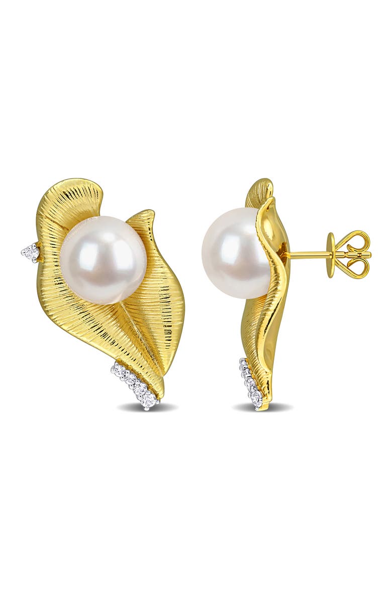 Sterling Silver Lab Created White Sapphire & Pearl Leaf Stud Earrings, Main, color, WHITE GOLD
