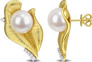 DELMAR Sterling Silver Lab Created White Sapphire & Pearl Leaf Stud Earrings