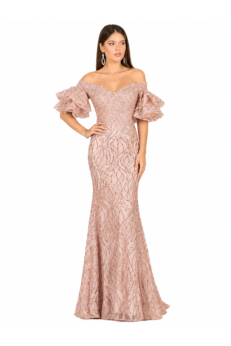 Off Shoulder Mermaid Beaded Gown with Tiered Sleeves, Alternate, color, Rose Gold