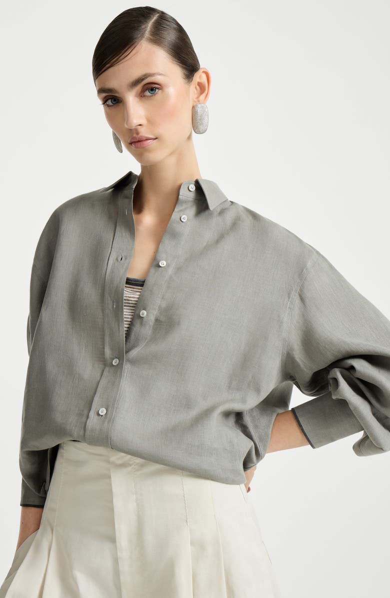 Brunello Cucinelli Linen shirt with monili, Alternate, color, Khaki