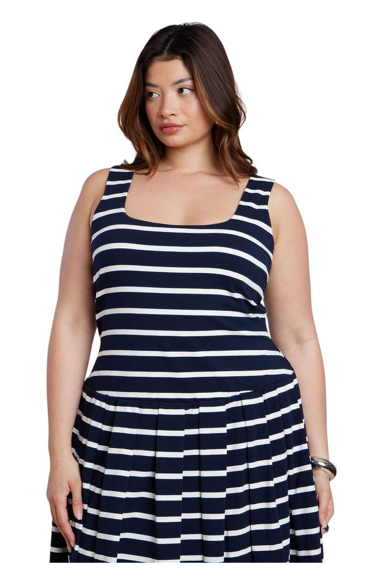 Striped Drop Waist Bubble Maxi Dress, Alternate, color, NAVY STRIPE