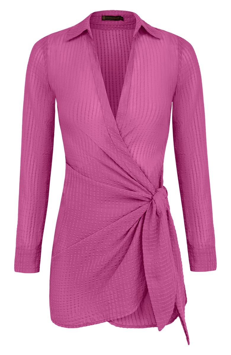 ViX Paula Hermanny Lia Long Sleeve Cotton Seersucker Cover-Up Wrap Dress, Alternate, color, Pink