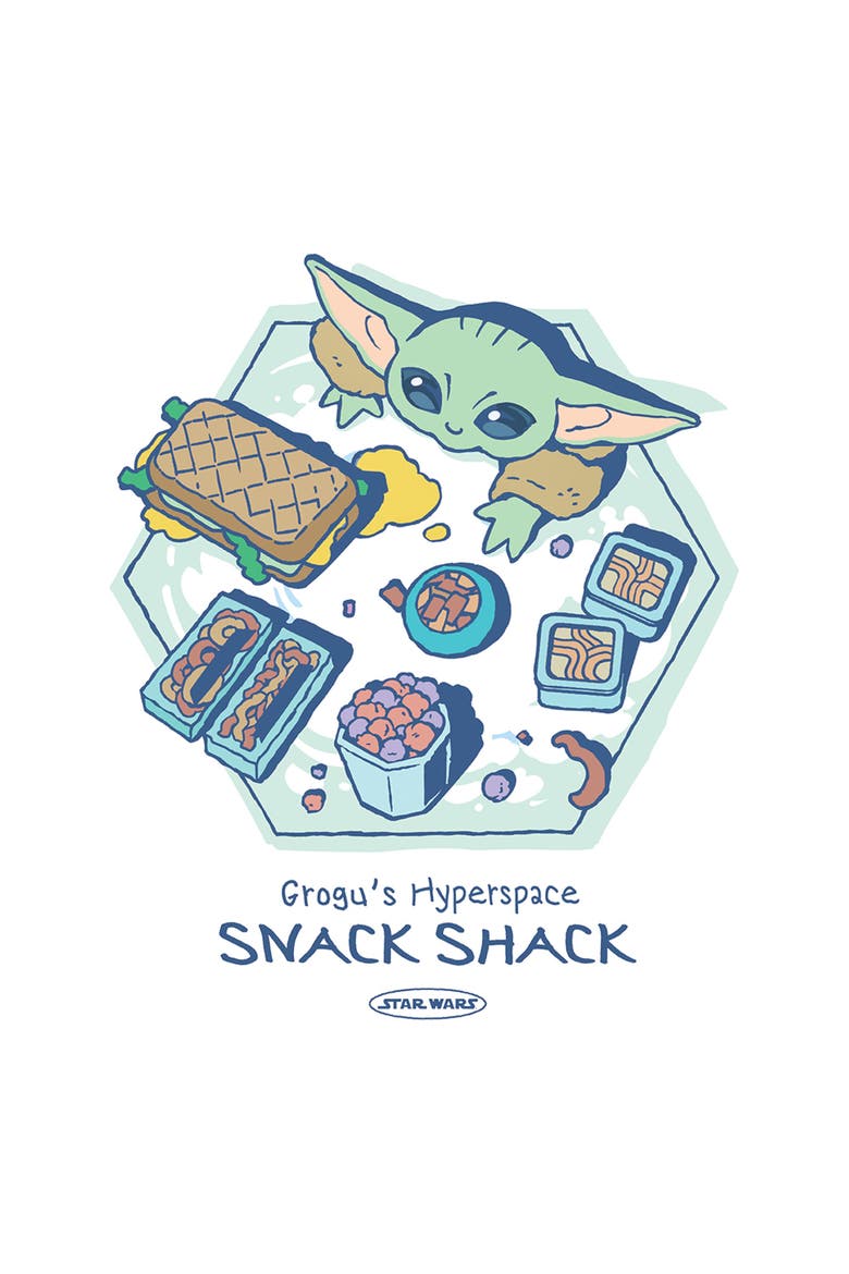 Men's Star Wars The Mandalorian and Grogu The Child Hyperspace Snack Shack  Graphic T-Shirt, Alternate, color, White