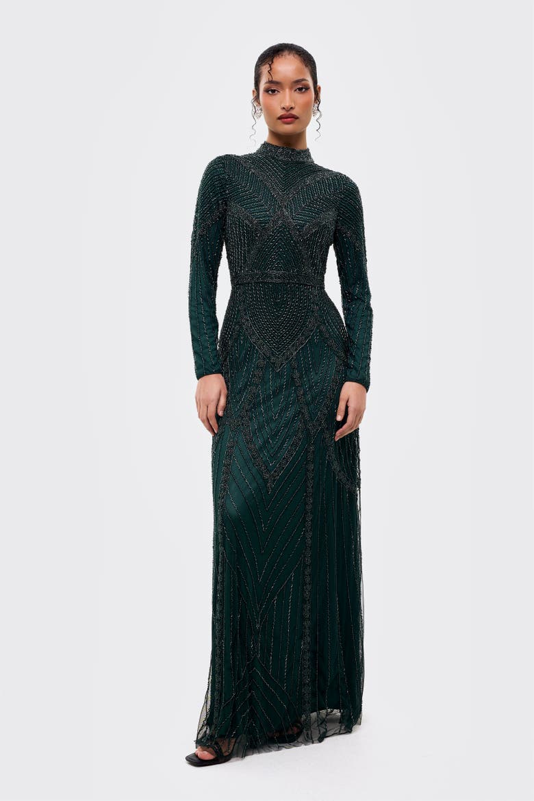 Modest Abstract Embellished Sequin Maxi Dress, Main, color, TEAL GREEN