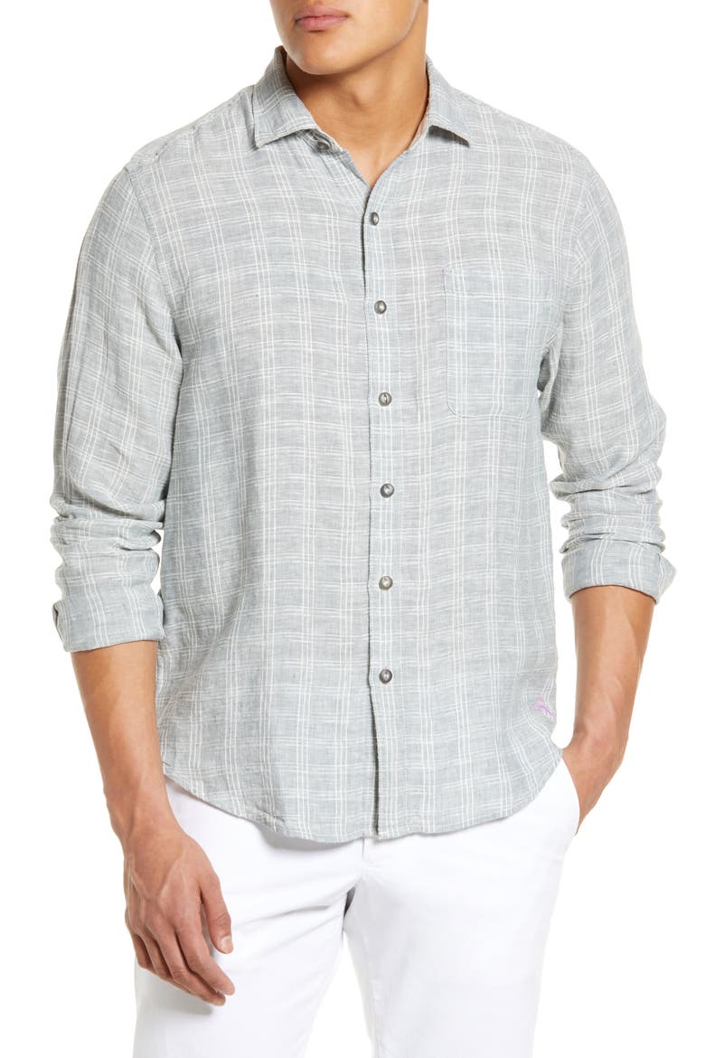 Ventana Plaid Linen Button-Up Shirt, Main, color, CARBON GREY