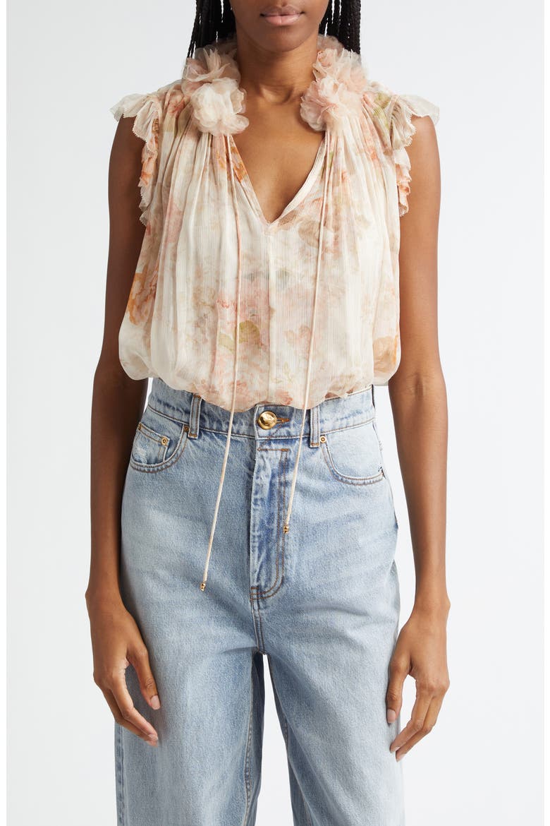 Frilled Cap Sleeve Top, Main, color, CREAM ROCOCO FLORAL