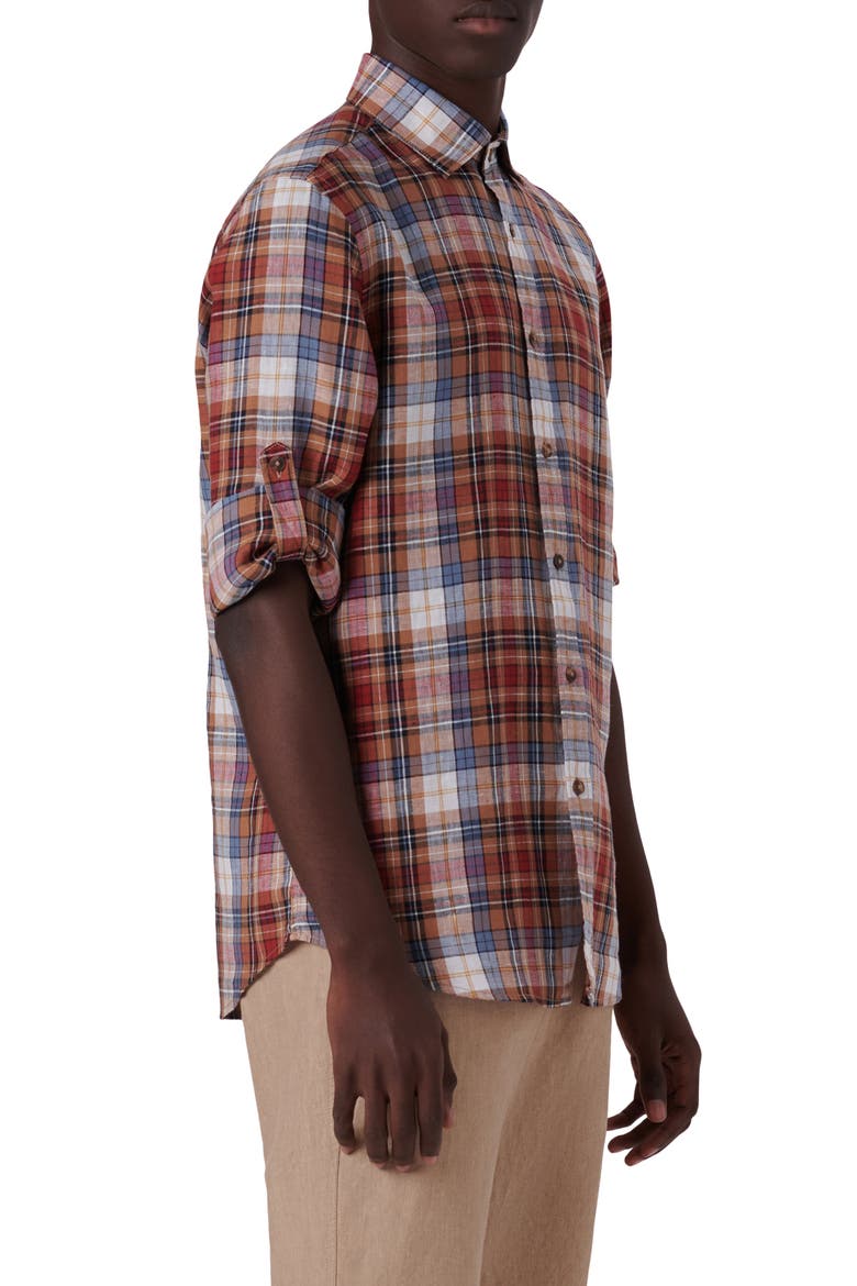 Plaid Linen Button-Up Shirt, Alternate, color, CARAMEL