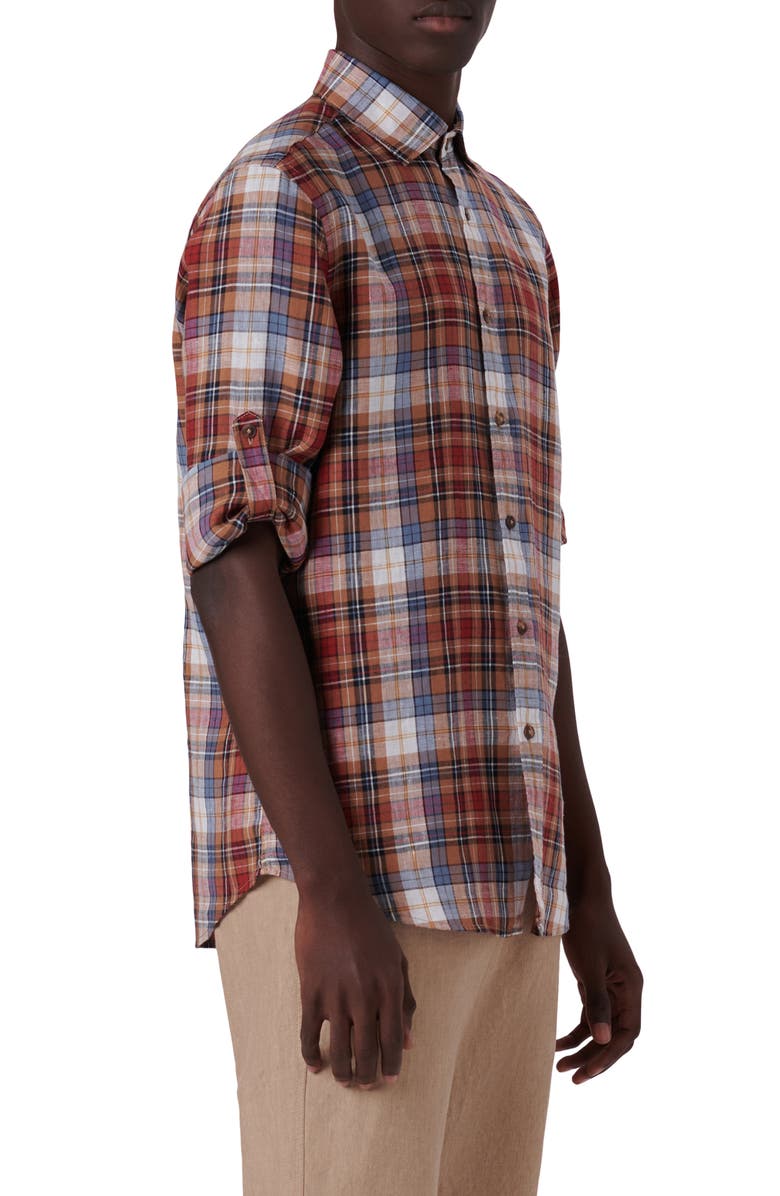 Bugatchi Plaid Linen Button-Up Shirt, Alternate, color,