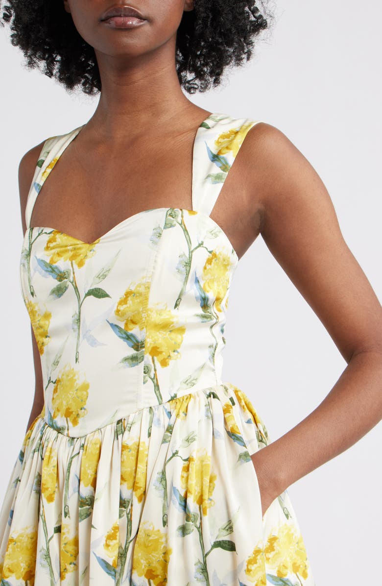 Lulus Nadia Floral Satin Midi Dress, Alternate, color, Yellow Floral