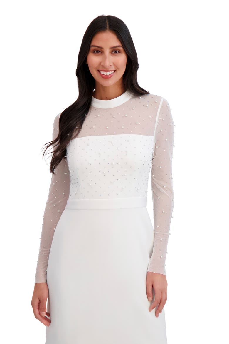 Embellished Illusion Long Sleeve Midi Dress, Alternate, color, IVORY