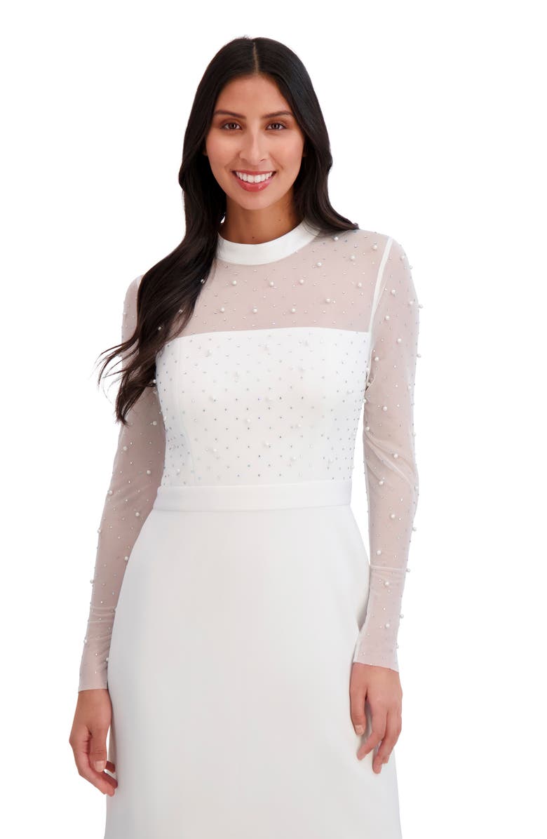 London Times Embellished Illusion Long Sleeve Midi Dress, Alternate, color, Ivory