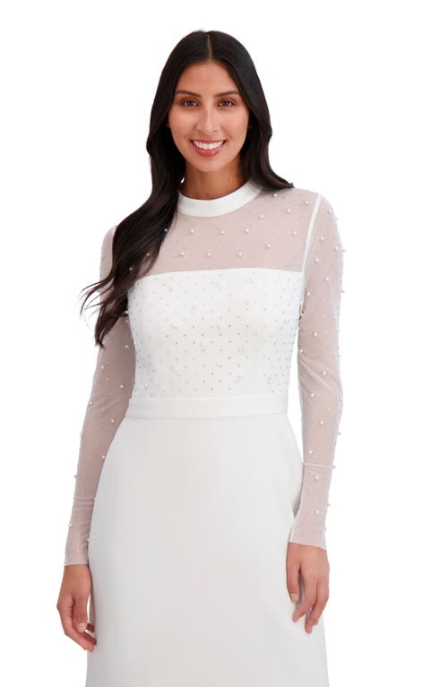 London Times Embellished Illusion Long Sleeve Midi Dress In White