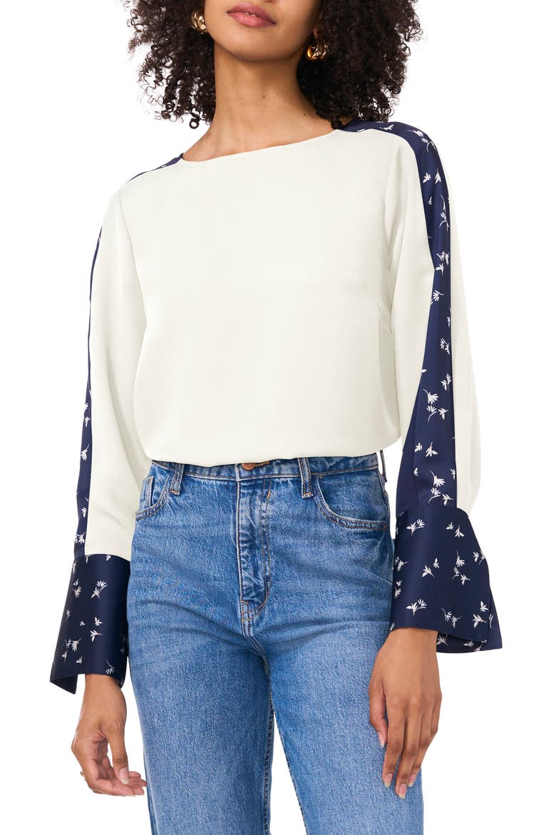 Floral Accent Flare Cuff Top, Main, color, NEW IVORY