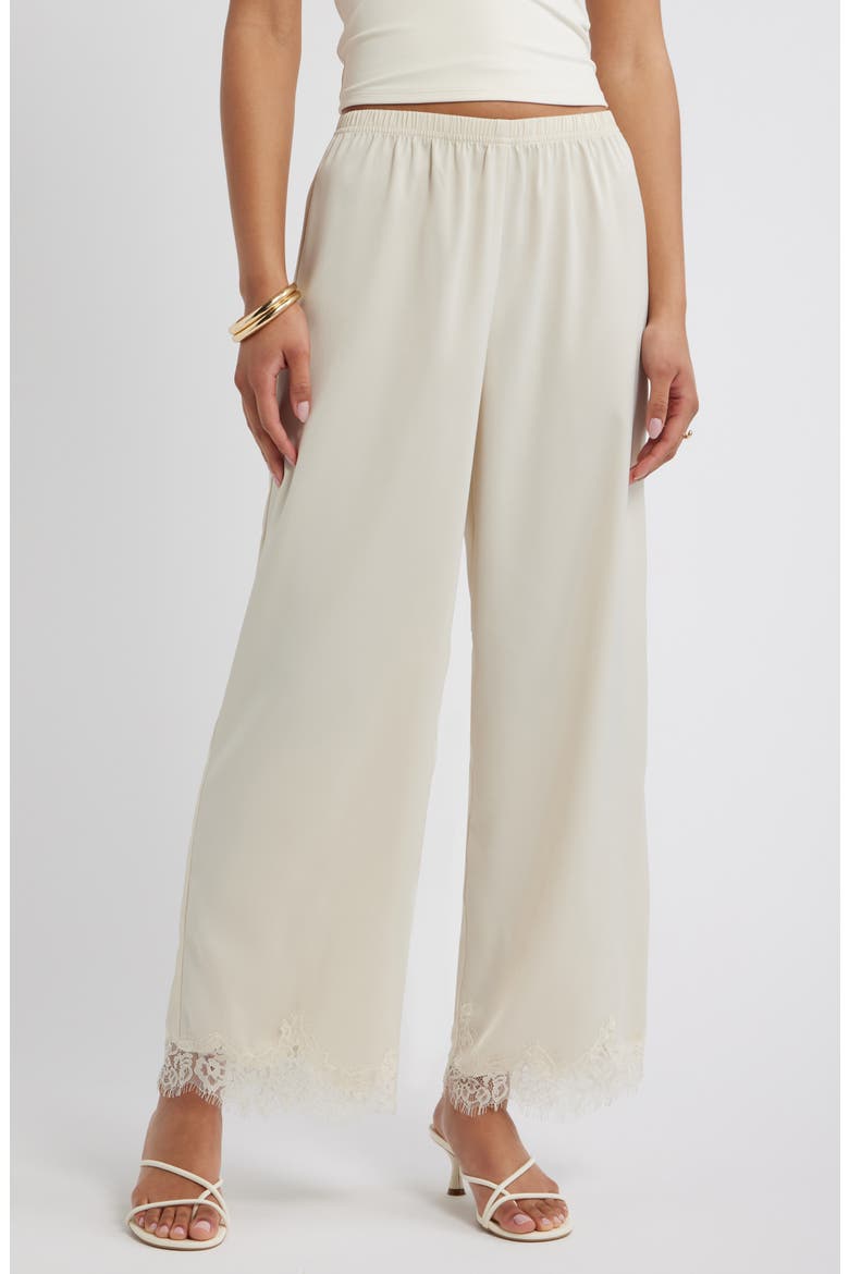 Lace Trim Satin Pants, Main, color, IVORY DOVE