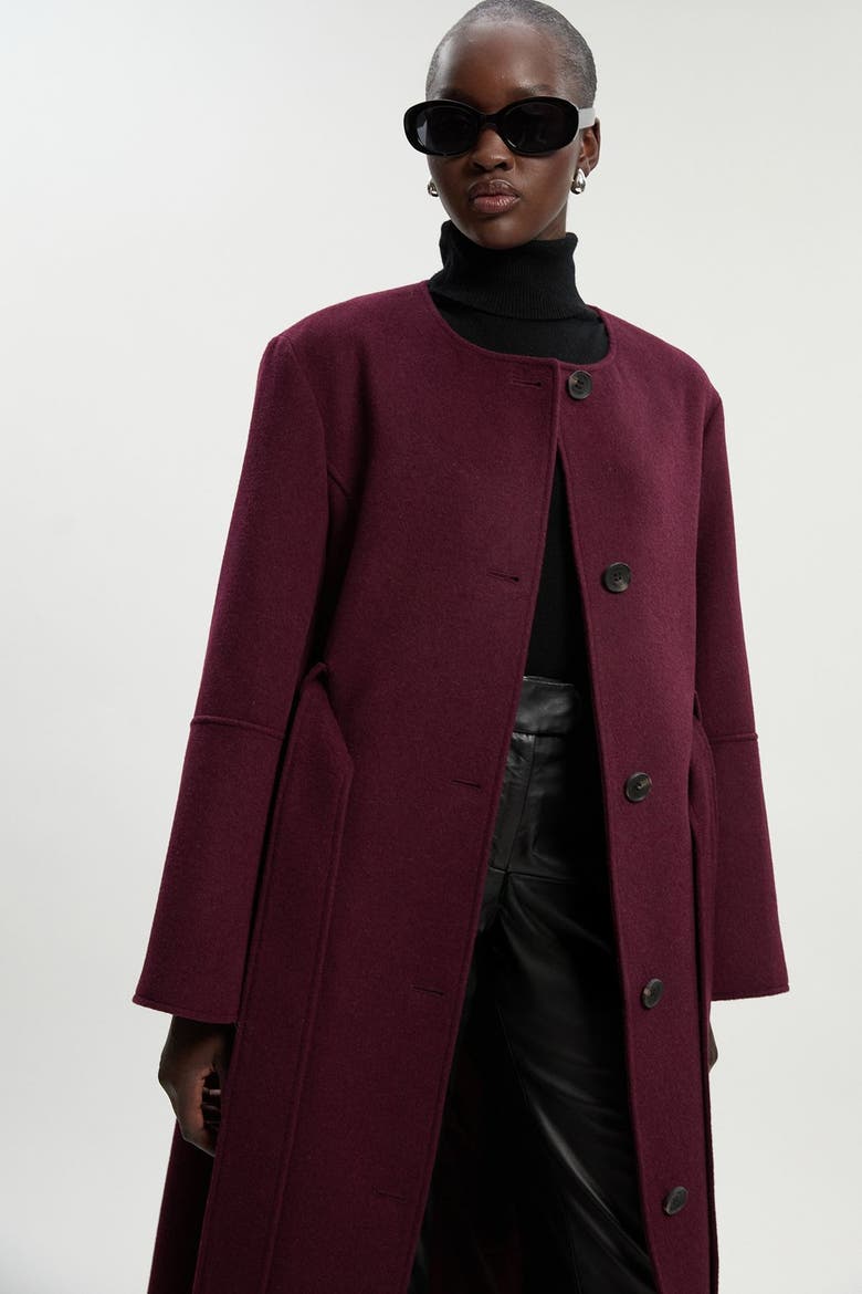 Wool Single Breasted Belted Maxi Coat, Alternate, color, Burgundy