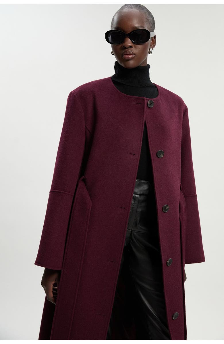 Karen Millen Wool Single Breasted Belted Maxi Coat, Alternate, color, Burgundy