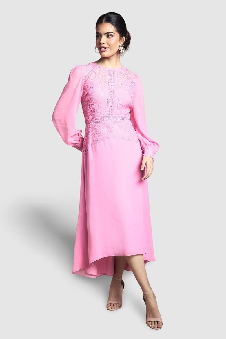 Lace Insert Chiffon Midi Dress, Main, color, Pink