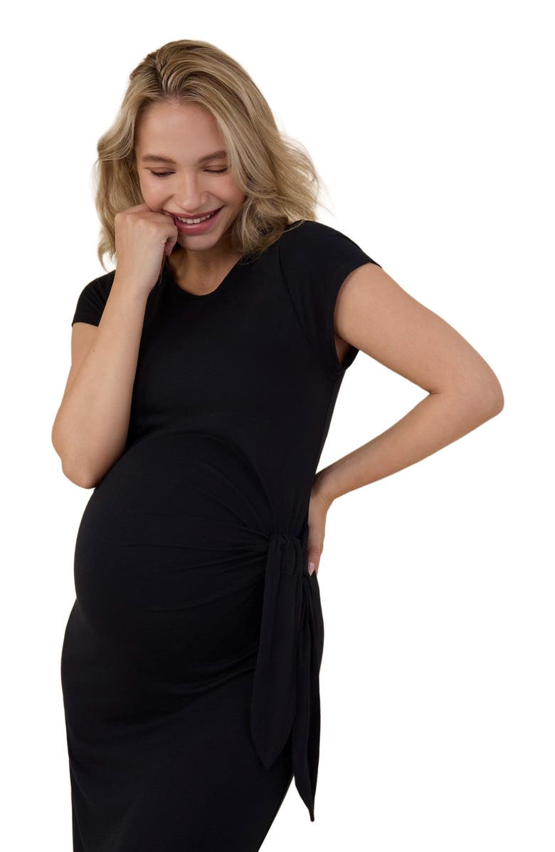 MOTHERHOOD MATERNITY Crew Neck Short Sleeve Side Tie Maternity Midi Dress, Alternate, color, Black