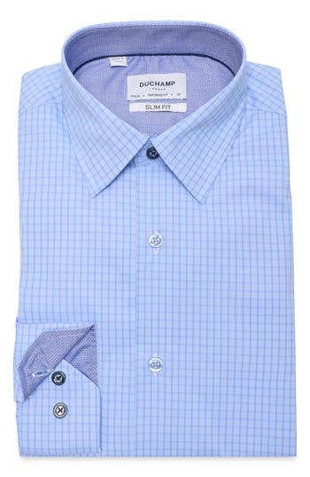 Duchamp Slim Fit Windowpane Check Dress Shirt In Blue