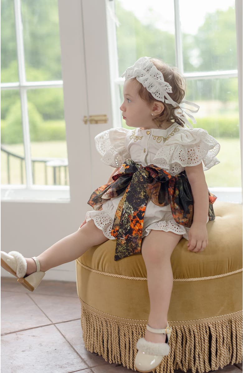 Petite Maison Kids Alexis Foliage Print Romper, Alternate, color, White With Brown Flower Print