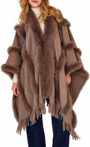 SAACHI Faux Fur Trim Fringe Cape