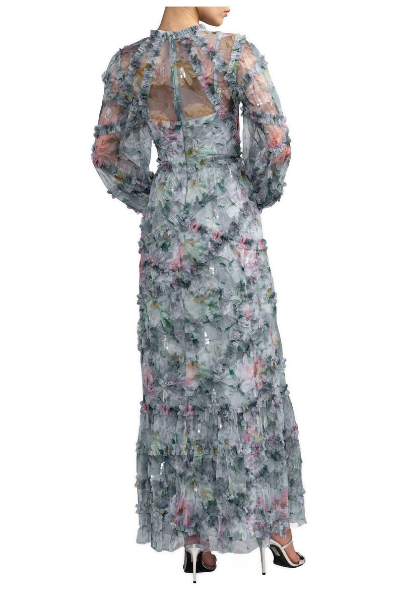 Mac Duggal Floral Long Sleeve High Neck Ruffle Detail Gown, Alternate, color, Platinum Multi