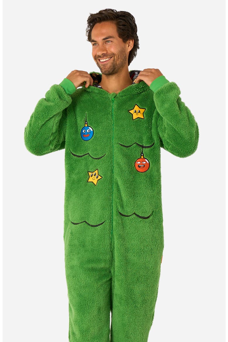 Merry Jinglejoy Hooded Fleece Jumpsuit, Alternate, color, GREEN