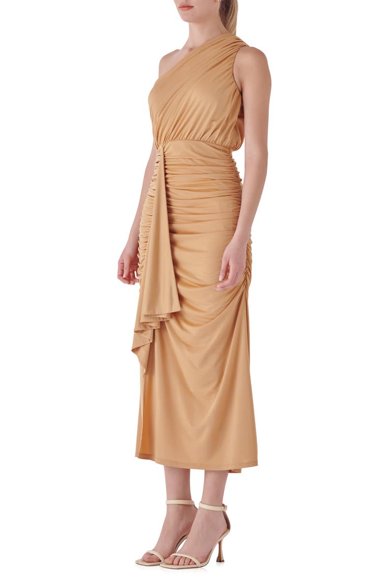 One-Shoulder Draped Midi Dress, Alternate, color, TAN