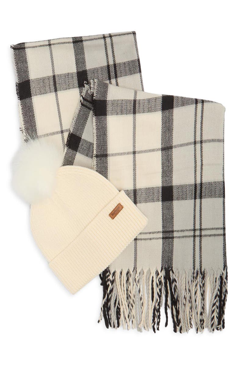 Barbour Dover Tartan Scarf & Faux Fur Pompom Beanie Set, Main, color, Monochrome Tartan