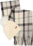 Barbour Dover Tartan Scarf & Faux Fur Pompom Beanie Set
