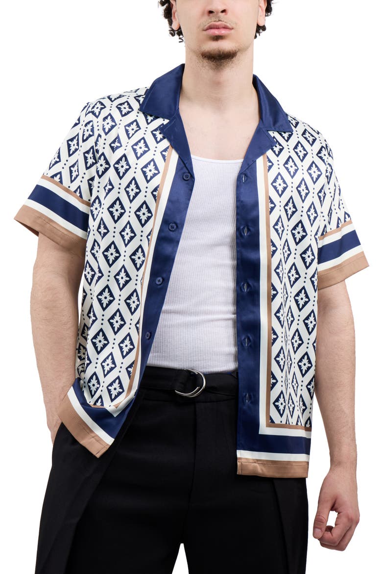 Diamond Print Camp Shirt, Alternate, color, CREAM/ NAVY