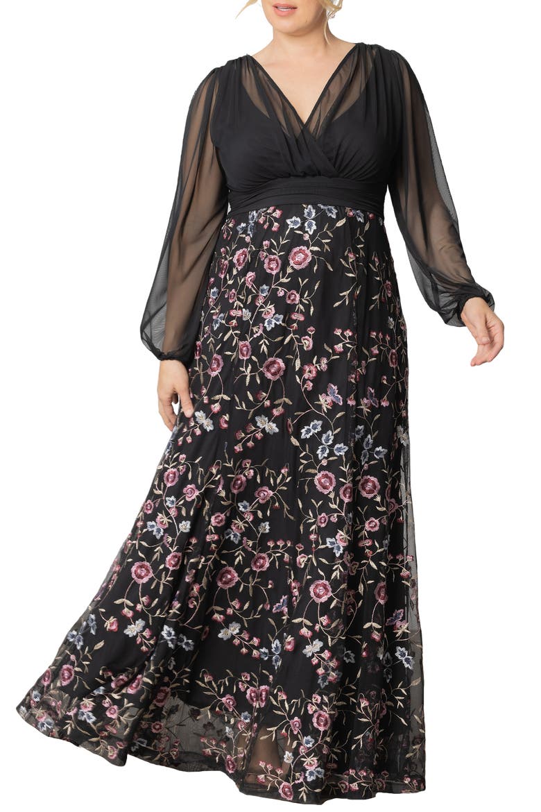 Isabella Embroidered Long Sleeve Gown, Main, color, MOONLIT GARDEN