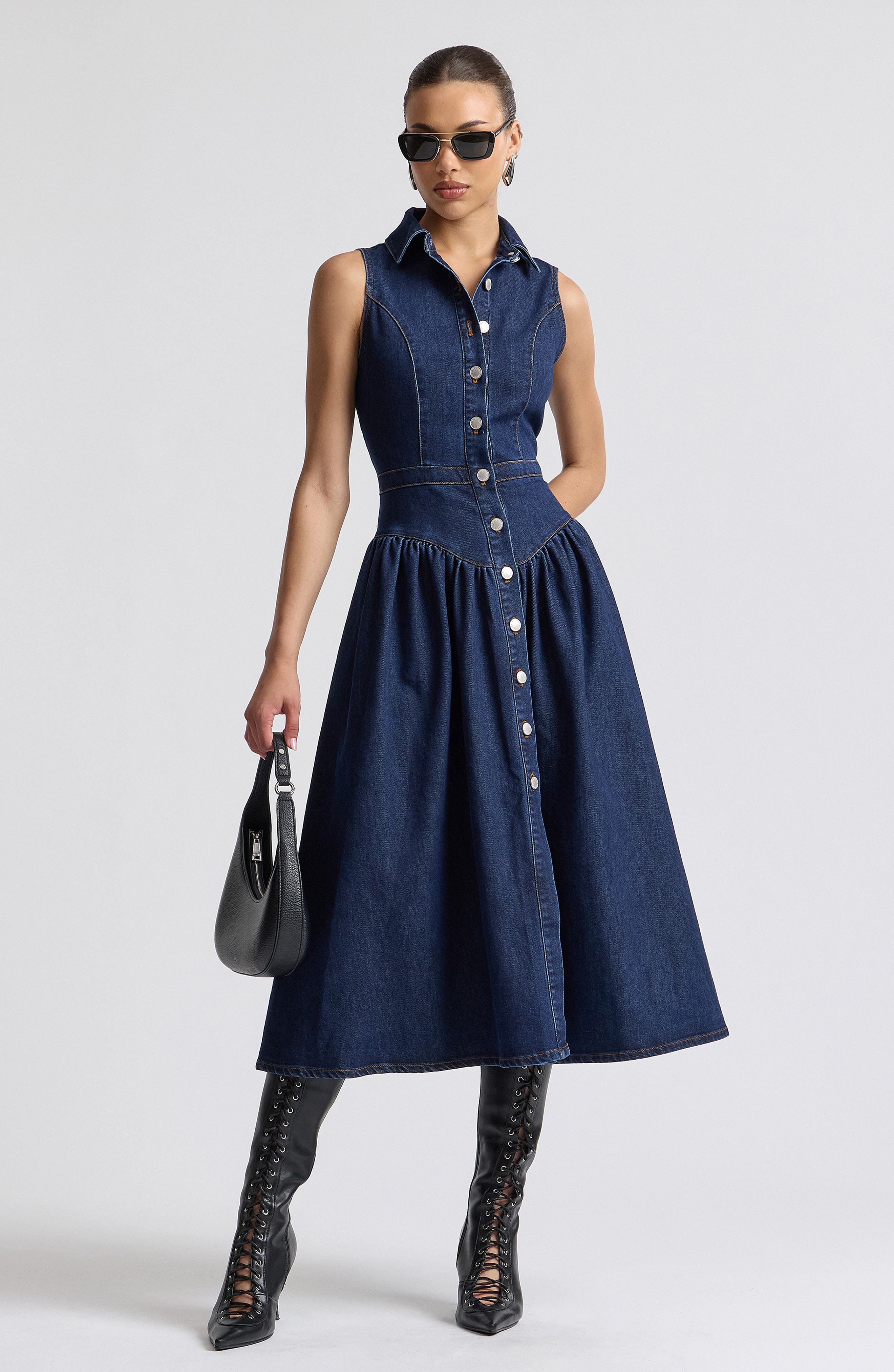 avec les filles sleeveless denim sheath mini dress Avec Les Filles Women's Imitation Pearl Embroidered Detail Mini Dress - Nikki Wash