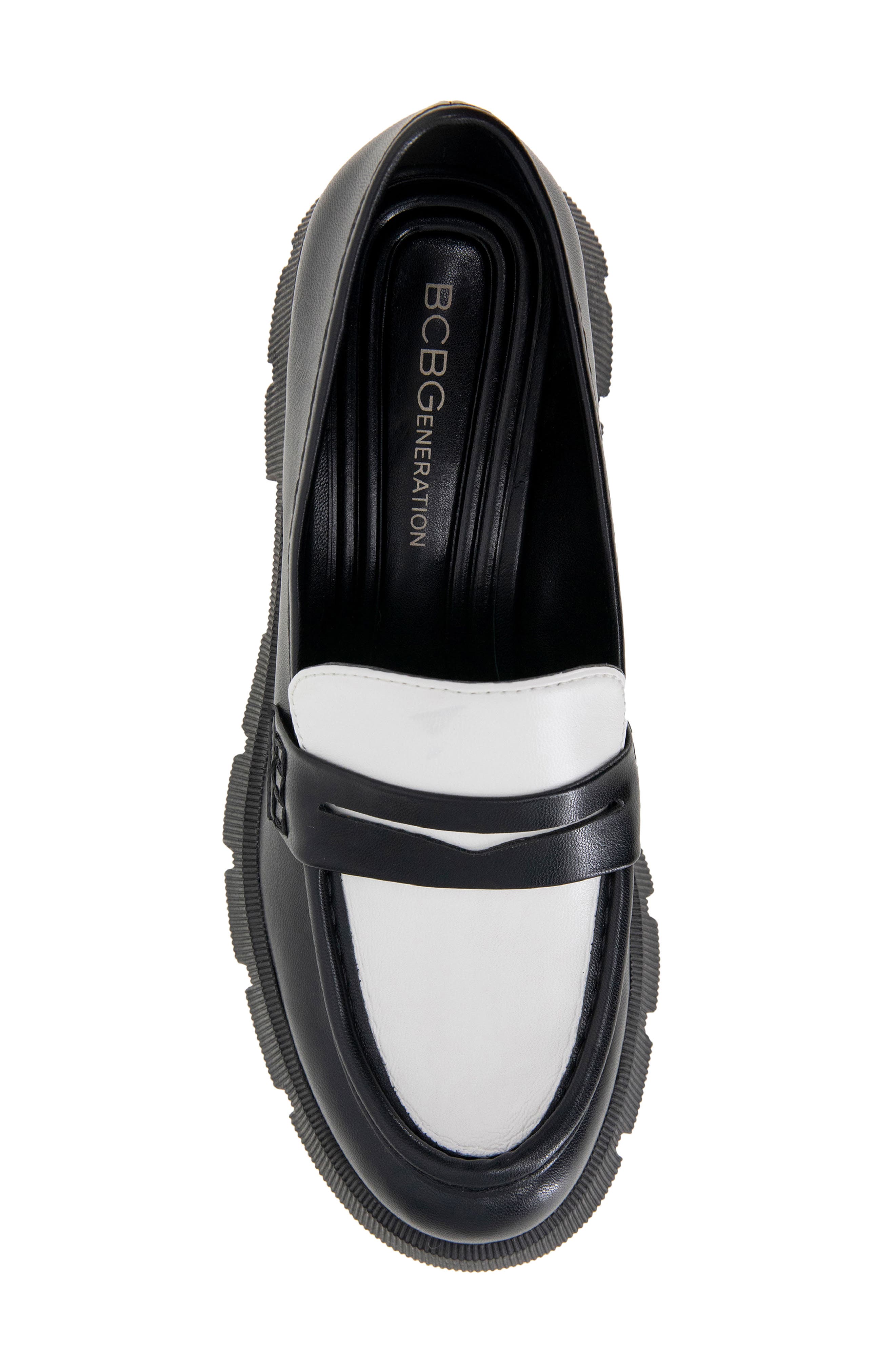 BCBGeneration Rama Platform Penny Loafer, Alternate, color, Black-Cloud Dancer