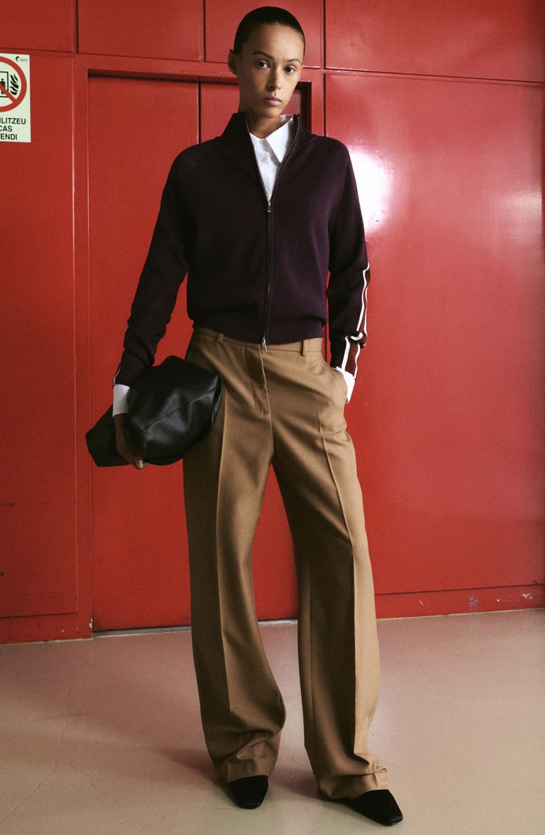 MANGO Side Stripe Zip Cardigan, Alternate, color, Wine