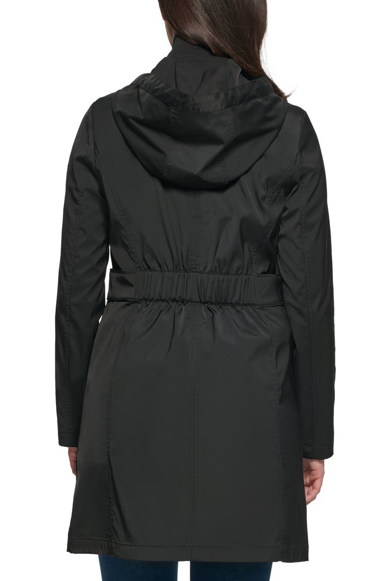 Hooded Soft Shell Ruched Back Longline Rain Coat, Alternate, color, BLACK