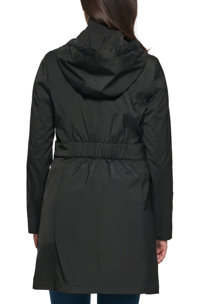 GUESS Hooded Soft Shell Ruched Back Longline Rain Coat, Alternate, color,