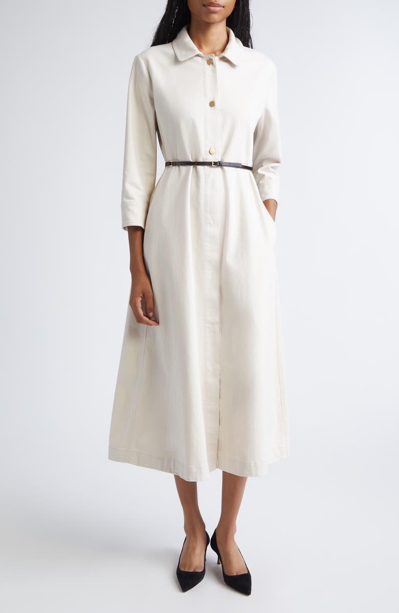 Max Mara Amelia Belted Long Sleeve Stretch Cotton Shirtdress, Main, color, Sand