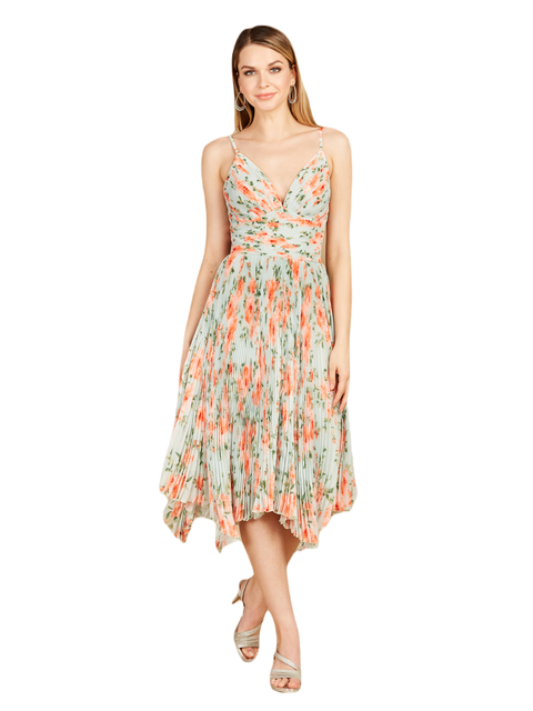 V-Neck Printed Midi Length Dress with Pleats