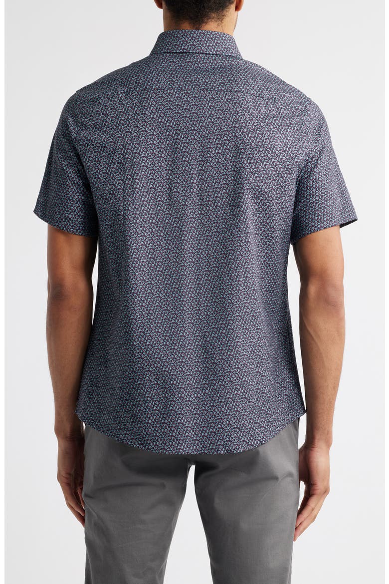 Artisanal Trim Fit Floral Geo Print Short Sleeve Cotton & Lyocell Button-Up Shirt, Alternate, color, DARK NAVY