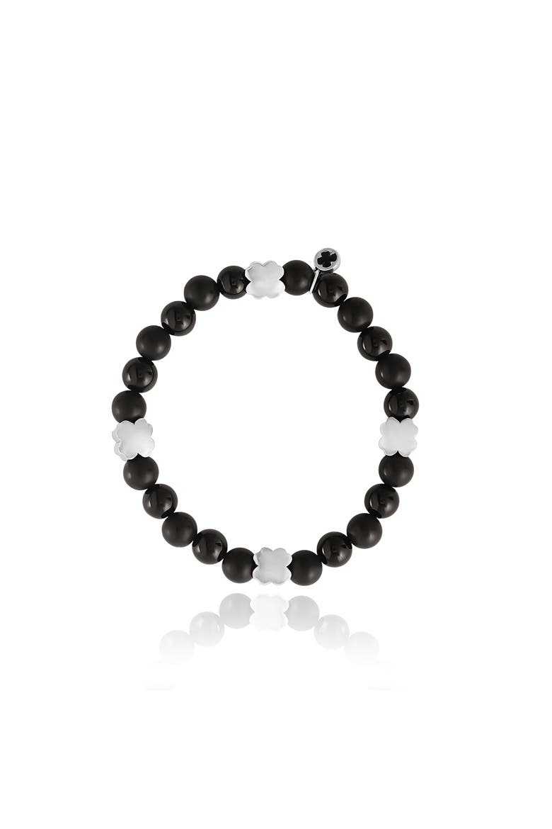 Black Onyx 4 Piece Clover Beaded Elastic Bracelet, Alternate, color, black, white