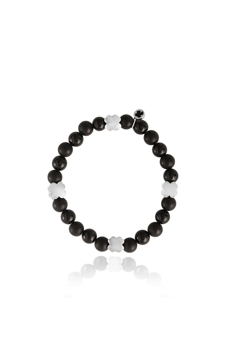 Lucky Brand Black Onyx 4 Piece Clover Beaded Elastic Bracelet, Alternate, color, Black, White
