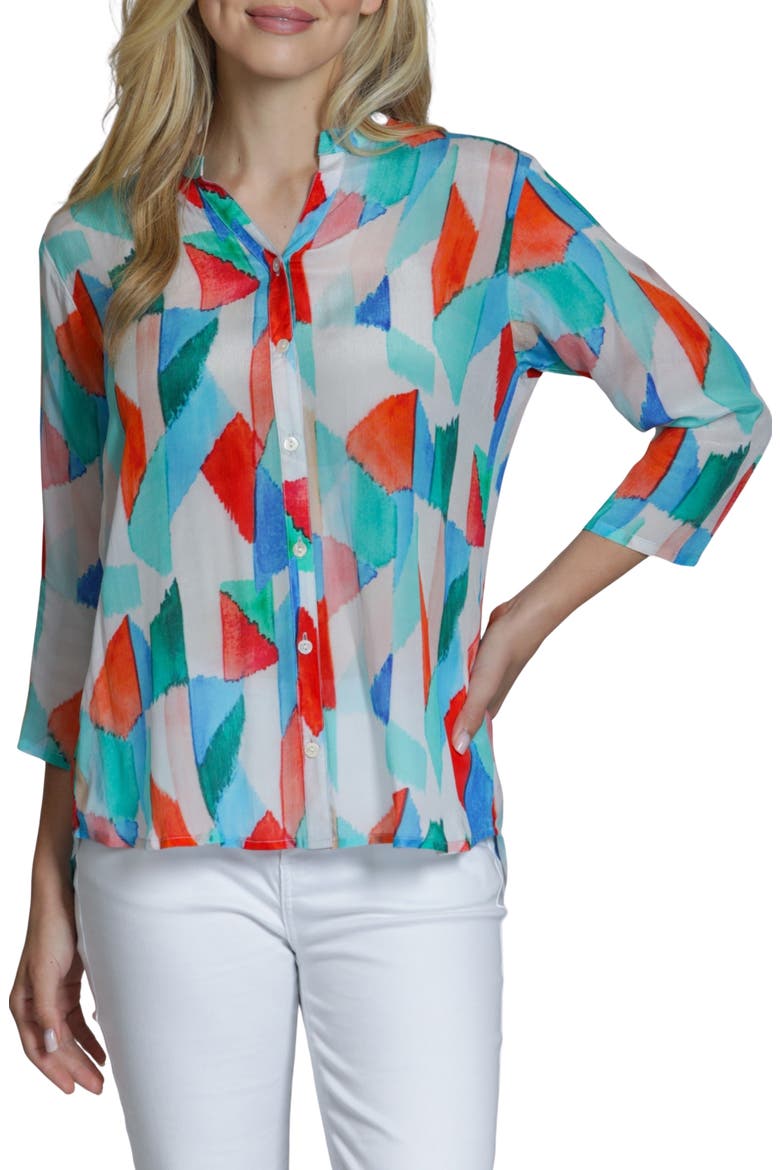 Mixed Stripe Mandarin Collar Button-Up Shirt, Main, color, ORANGE TURQUOISE MULTI