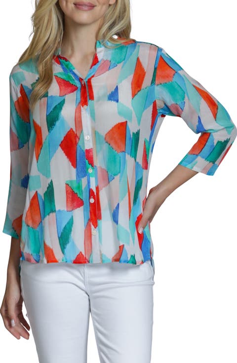 Mixed Stripe Mandarin Collar Button-Up Shirt