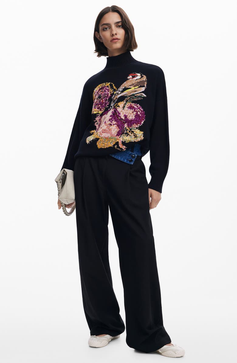 Desigual Embroidered Mock Neck Sweater, Alternate, color, Black