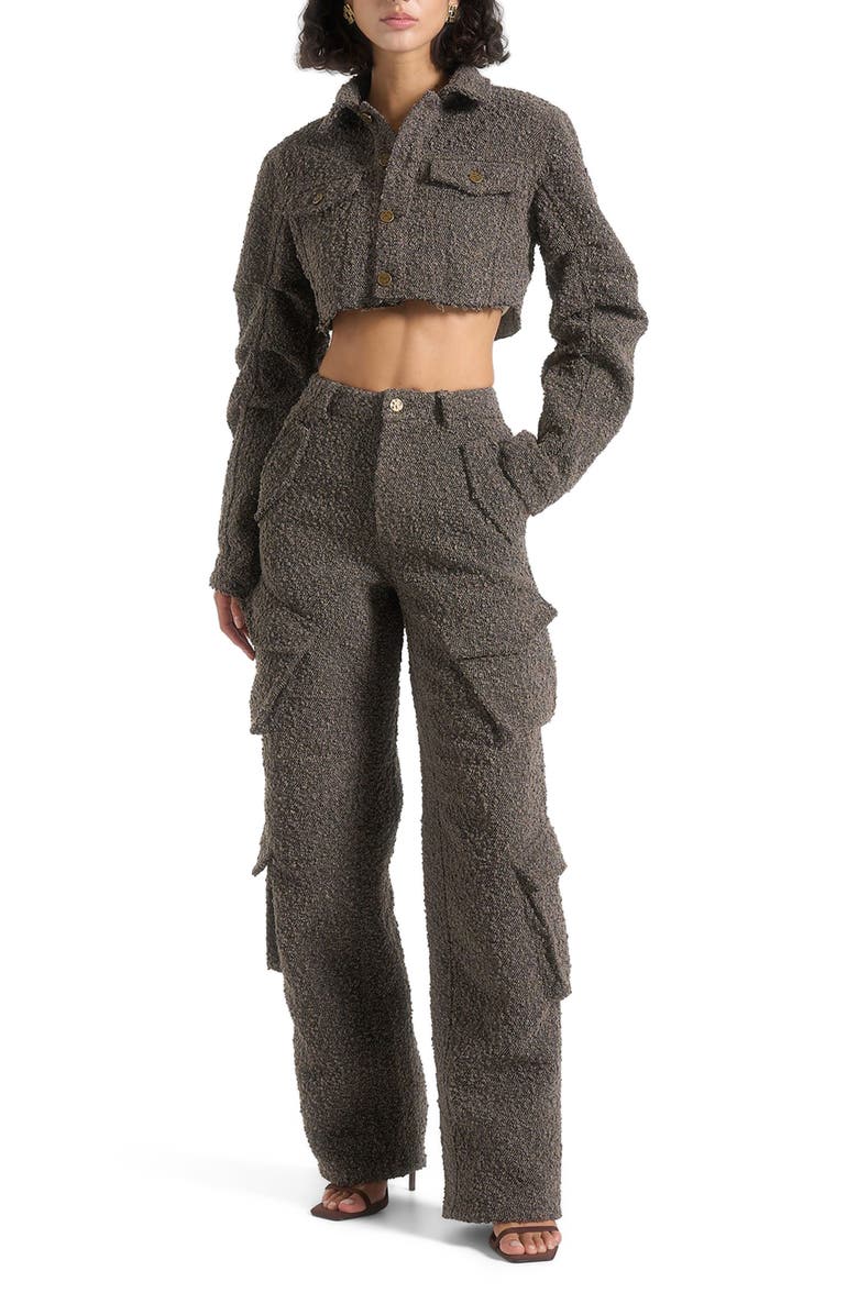 Manière De Voir Catherine Cropped Boucle Denim Jacket, Main, color, Brown