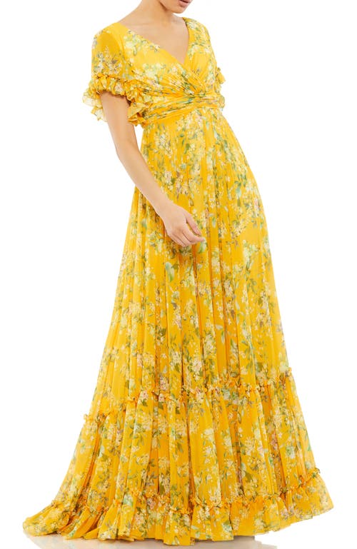 Mac Duggal Flounce Sleeve Floral Maxi Dress In Yellow Multi
