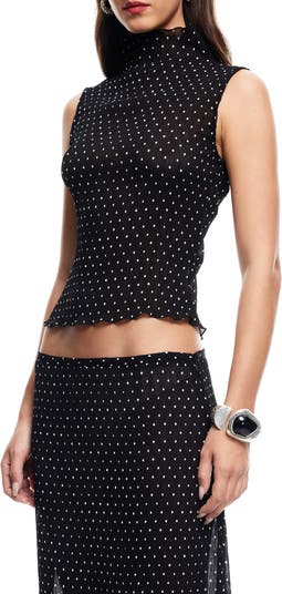 Ford Dot Print Funnel Neck Plissé Top